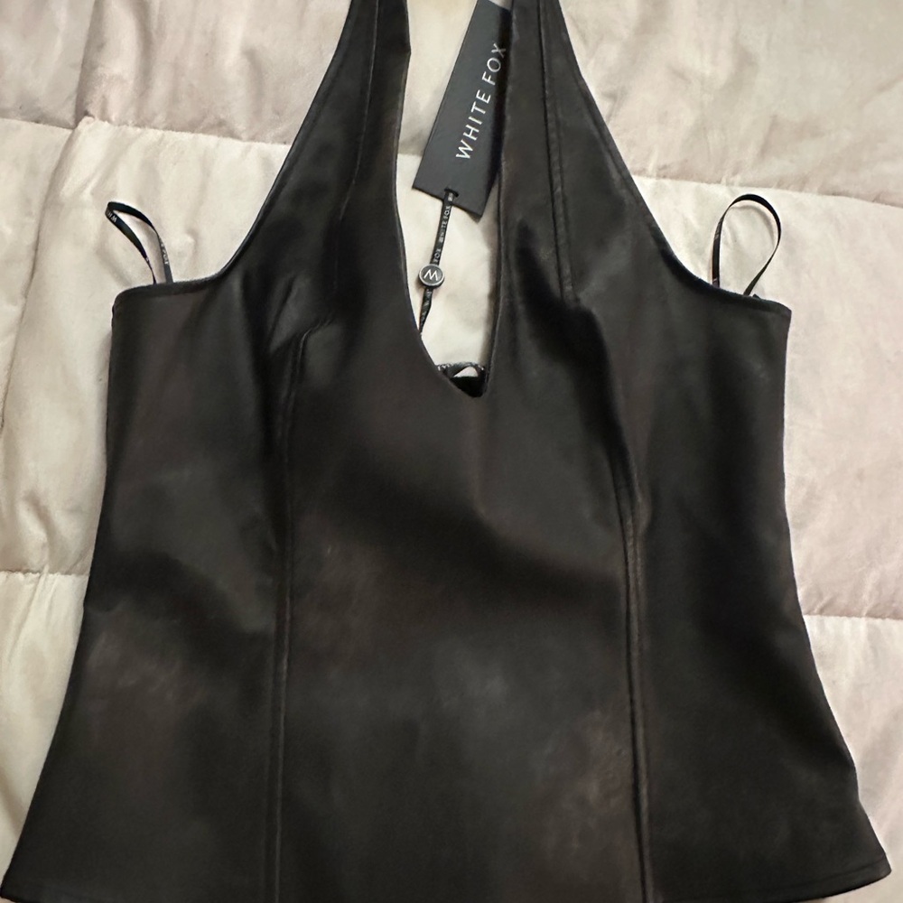 White fox faux leather halter top